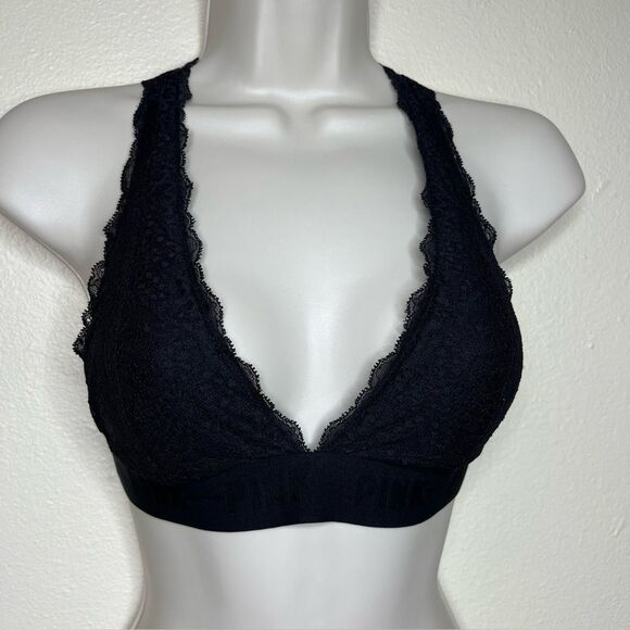 Pink Victorias Secret Black Lace Bralette Racer Halter T Back Women Size Small - Picture 3 of 16